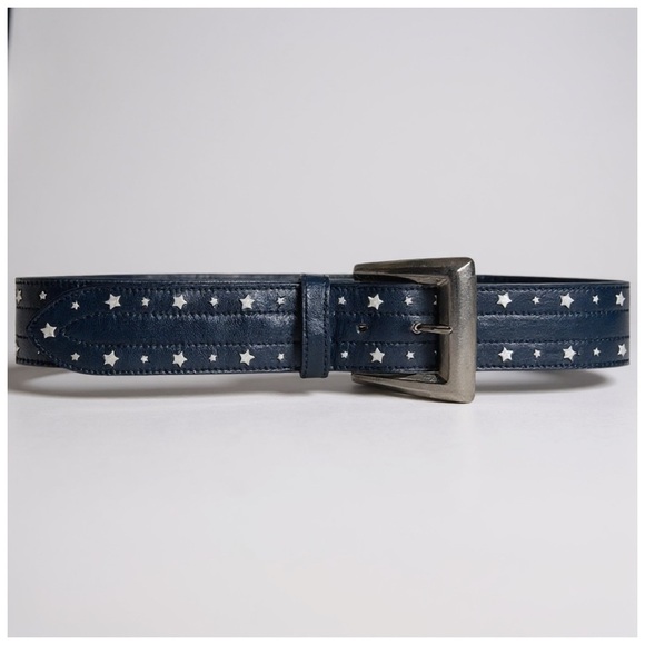 Escada Women’s Navy Leather Belt w/ White Stars & Silver Buckle. 33” x 1.5” - Picture 10 of 13